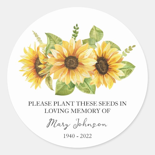 Sunflower Memorial Funeral Seed Packet Classic Round Sticker (Front)