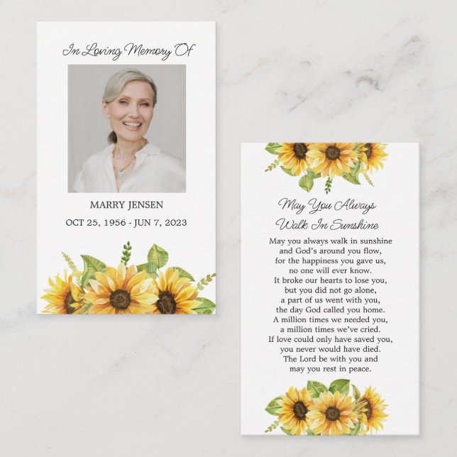 Sunflower Memorial Photo Funeral Prayer Card (Front/Back)