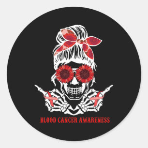 Sunflower Messy Bun Skull Red Ribbon Blood Cancer  Classic Round Sticker