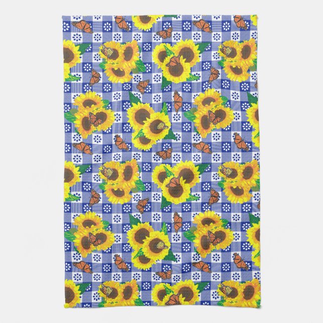 Sunflower Monarch Butterflies Blue Gingham Pattern Tea Towel (Vertical)