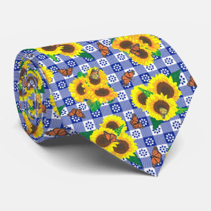 Sunflower Monarch Butterflies Blue Gingham Pattern Tie