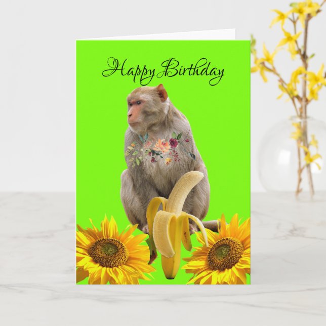 Sunflower Monkey Floral Folded Greeting Card (Yellow Flower)