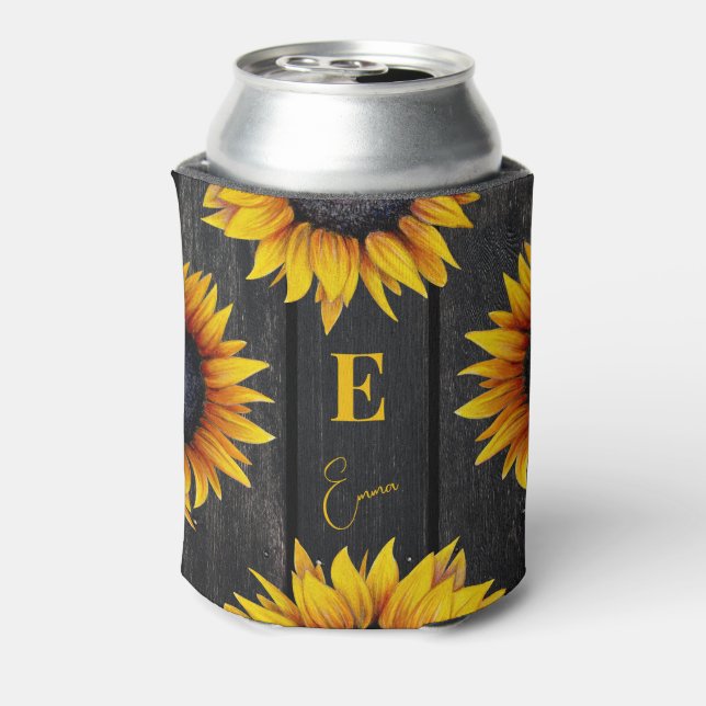 Sunflower monogram and name personalised can cooler (Can Back)