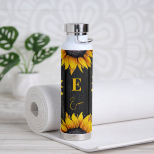 Sunflower monogram and name personalised water bottle
