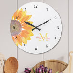 Sunflower Monogram Large Clock<br><div class="desc">This cheerful wall clock is decorated with a yellow watercolor sunflower and monogram in stylish typography.
It is easily customisable and makes a great gift for a sunflower lover.
Original Watercolor © Michele Davies.</div>