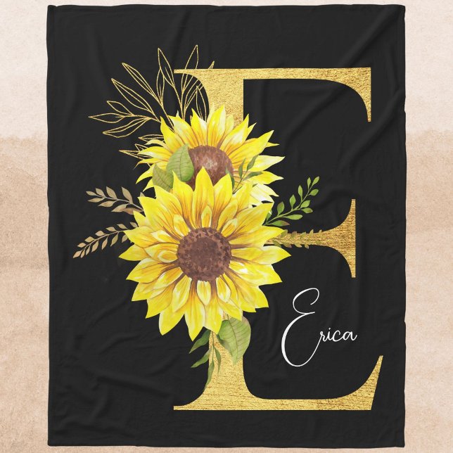 Sunflower Monogram Letter E Floral Letter E Gift Fleece Blanket (Creator Uploaded)