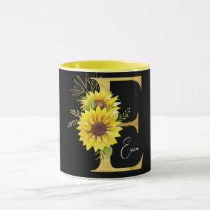 Sunflower Monogram Letter E Floral Letter E  Mug