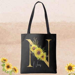 Sunflower Monogram Letter N Floral Letter N Gift  Tote Bag