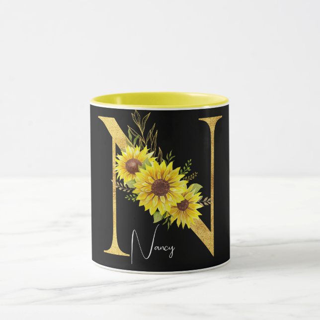 Sunflower Monogram Letter N Floral Letter N  Mug (Center)