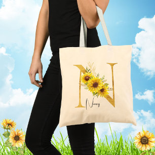 Sunflower Monogram Letter N Floral Letter N   Tote Bag