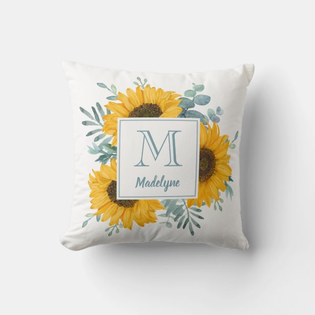 Sunflower Monogram Name Personalised Floral Cushion (Front)