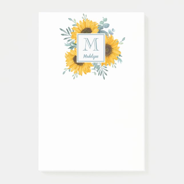 Sunflower Monogram Name Personalised Floral Post-it Notes (Front)