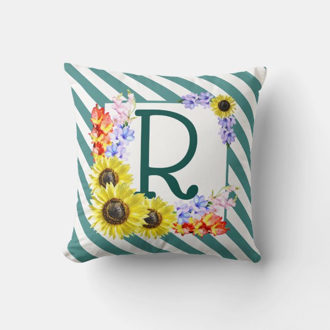 Sunflower Monogram Teal Stripes Cushion (Front)