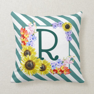 Sunflower Monogram Teal Stripes Cushion