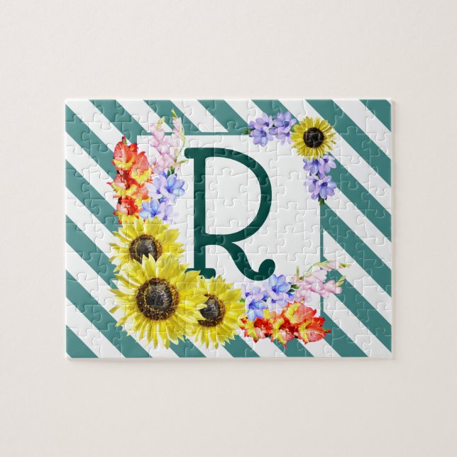 Sunflower Monogram Teal Stripes Jigsaw Puzzle (Horizontal)