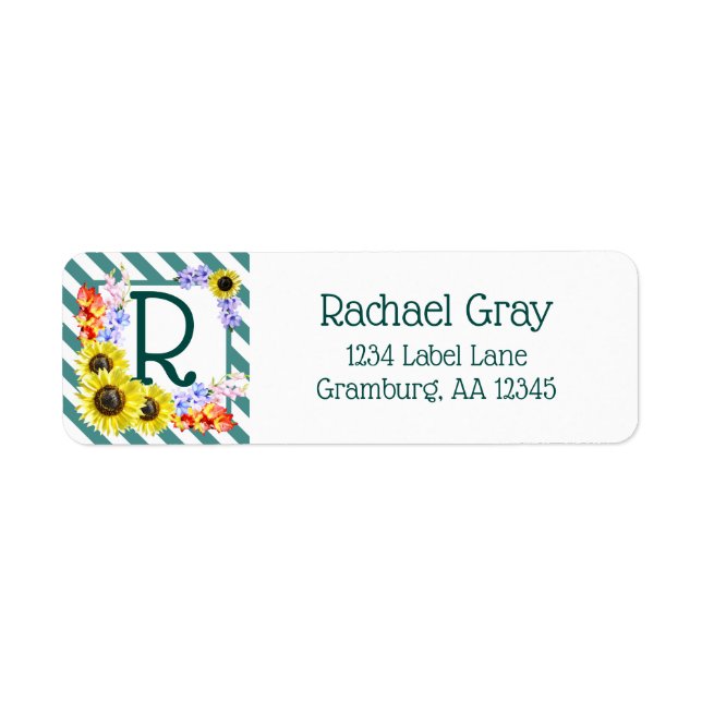 Sunflower Monogram Teal Stripes Return Address Label (Front)