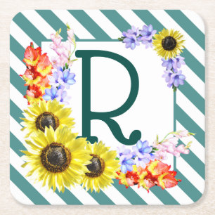 Sunflower Monogram Teal Stripes Square Paper Coaster