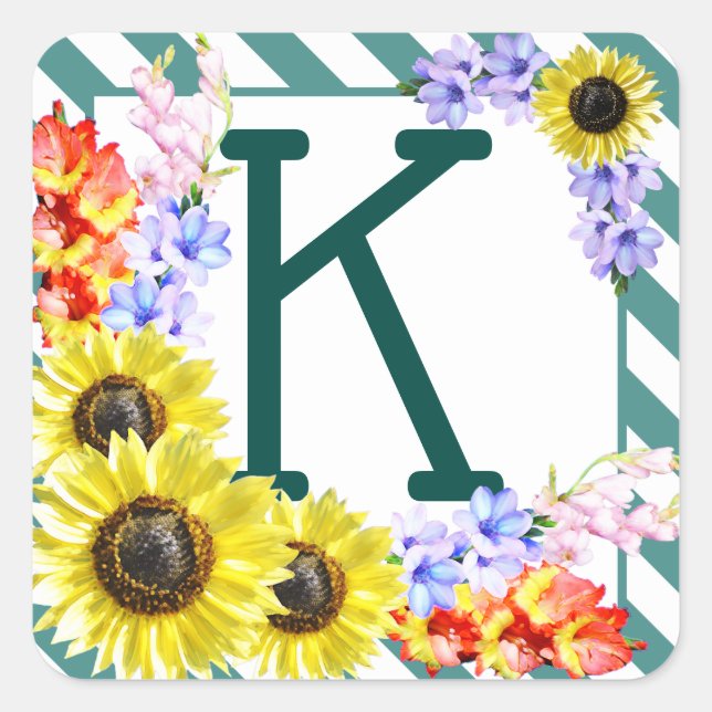 Sunflower Monogram Teal Stripes Square Sticker (Front)