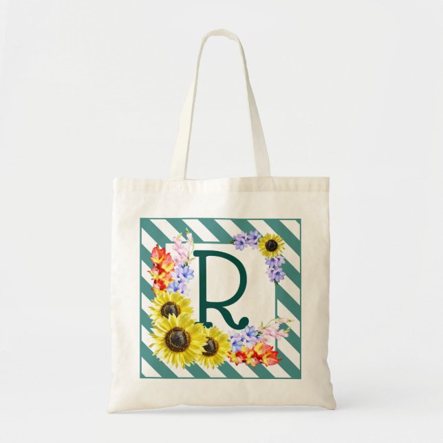 Sunflower Monogram Teal Stripes Tote Bag (Front)
