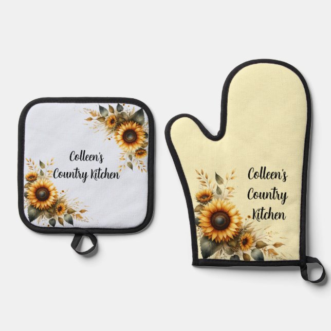 Sunflower Motif Country Kitchen Personalised  Oven Mitt & Pot Holder Set (Front)