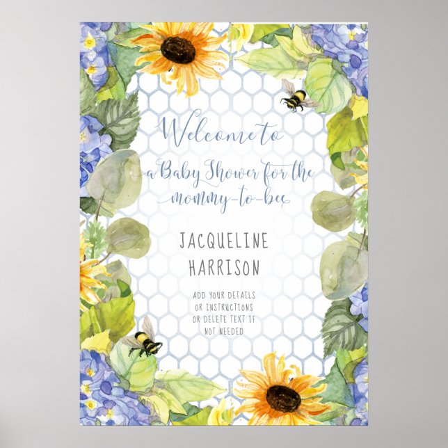 Sunflower Mummy to Bee Bumblebee Blue Hydrangea Poster (Front)