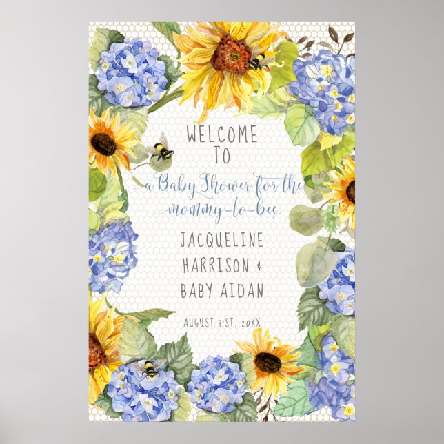Sunflower Mummy to Bee Bumblebee Blue Hydrangeas Poster (Front)