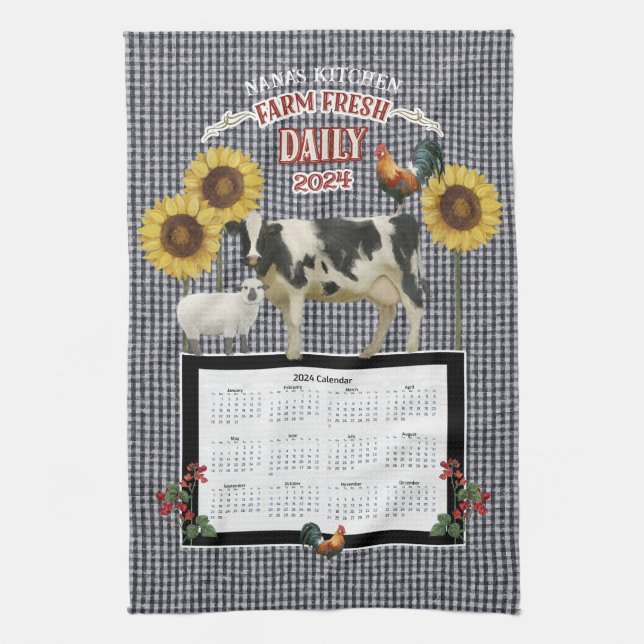 Sunflower Nana Rooster Cow Farm Fresh Black White Tea Towel (Vertical)