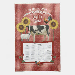 Sunflower Nana Rooster Cow Farm Fresh Red n White Tea Towel