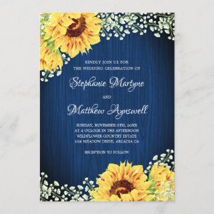 Sunflower Navy Blue Babys Breath Wedding Invitation