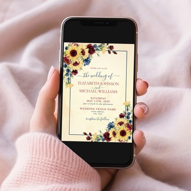Sunflower Navy Blue Burgundy Floral Photo Wedding Invitation (Creator Uploaded)