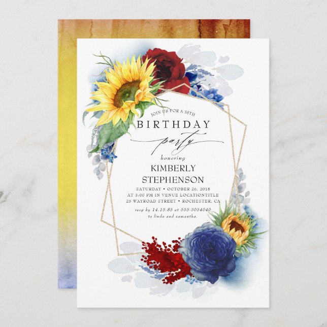 Sunflower Navy Blue Burgundy Red Birthday Party Invitation (Front/Back)