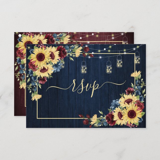 Sunflower Navy Blue Burgundy Wood Floral +Menu RSVP Card (Front/Back)