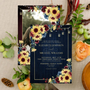 Sunflower Navy Blue Burgundy Wood Floral Photo Invitation