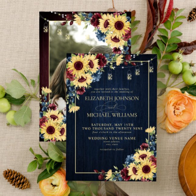 Sunflower Navy Blue Burgundy Wood Floral Photo Invitation (Creator Uploaded)