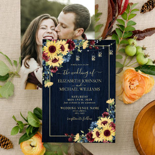 Sunflower Navy Blue Burgundy Wood Floral Photo v2 Invitation