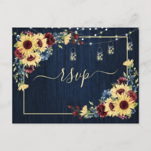 Sunflower Navy Blue Burgundy Wood Floral RSVP Invitation Postcard