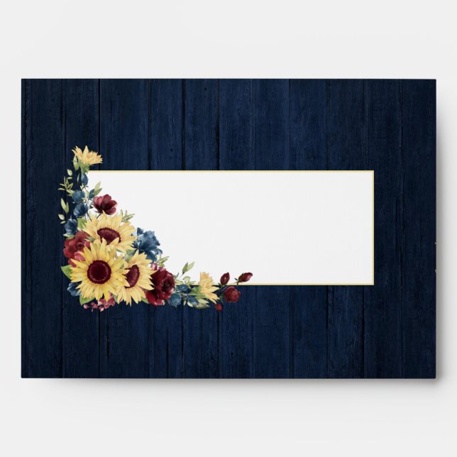 Sunflower Navy Blue Burgundy Wood Floral Wedding Envelope (Front)