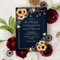 Sunflower Navy Blue Burgundy Wood Floral Wedding