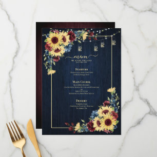 Sunflower Navy Blue Burgundy Wood Floral Wedding Menu