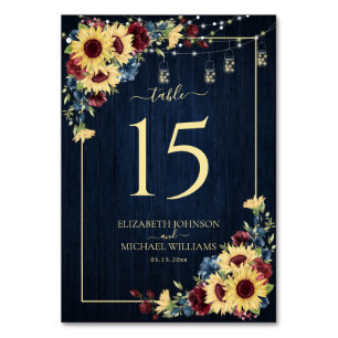 Sunflower Navy Blue Burgundy Wood Floral Wedding Table Number