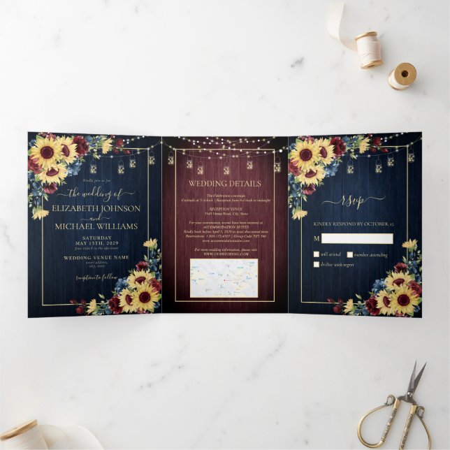 Sunflower Navy Blue Burgundy Wood Floral Wedding Tri-Fold Invitation (Inside)