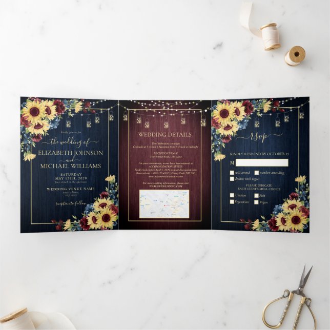 Sunflower Navy Blue Burgundy Wood Floral Wedding Tri-Fold Invitation (Inside)