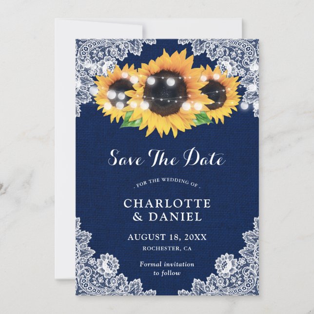 Sunflower Navy Blue Burlap Lace Wedding Save The Date (Front)