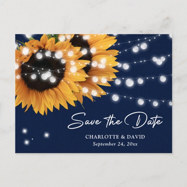Sunflower Navy Blue Burlap String Lights Wedding Announcement Postcard (Front)