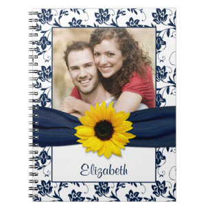 Sunflower Navy Blue Damask Personalised Notebook