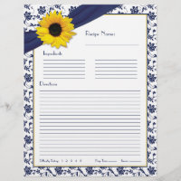 Sunflower Navy Blue Floral Binder Recipe Inserts