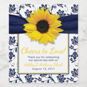 Sunflower Navy Blue Floral Cheers to Love Wedding Wine Label