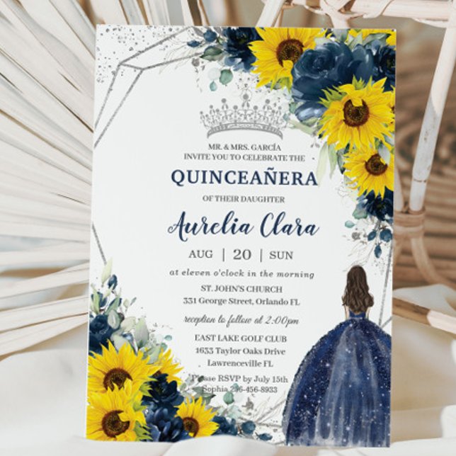 Sunflower Navy Blue Floral Princess Quinceañera Invitation (Creator Uploaded)