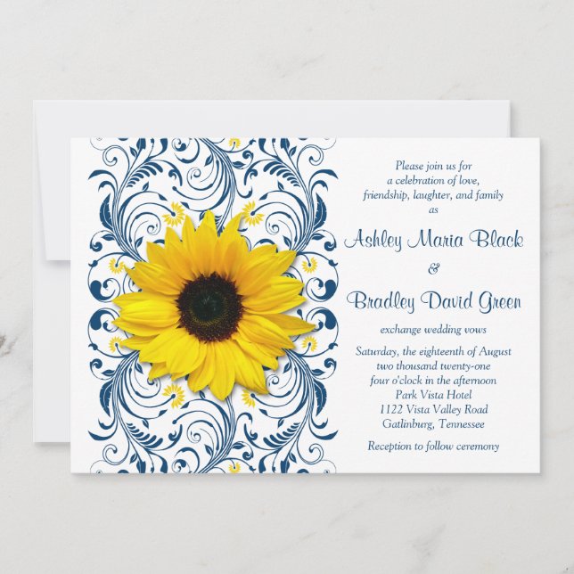 Sunflower Navy Blue Floral Wedding Invitation (Front)