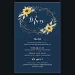 Sunflower Navy Blue Geometric Wedding Menu Cards<br><div class="desc">Design features watercolor greenery,  sunflowers,  printed gold elements and airy botanical leaves over a printed gold coloured geometric frame. The back features a matching greenery and sunflower wreath.  Both sides feature a very dark navy blue background.</div>